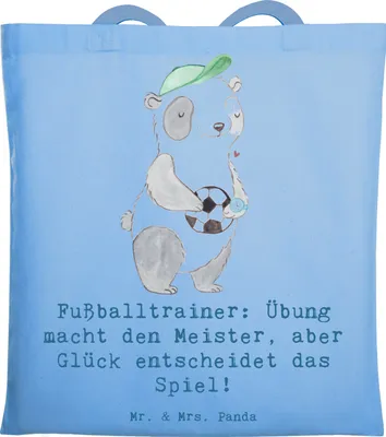Produktbild von Mr. & Mrs. Panda Tote Bag Fußballtrainer Erfolgskick - Sky Blue - Geschenk, canvas tasche, Shopping, Teamgefühl, Laptoptasche, Übung macht den Meister, Berufsgestaltung