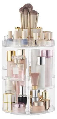 Zdjęcie produktu dla Uniqoos® Obrotowy organizer do kosmetyków o zakresie obrotu 360°, wykonany z bezwonnnego akrylu – 5 regulowanych półek, miejsce na co najmniej 30 pędzli i 20 butelek z kosmetykami, możliwość demontażu i mycia