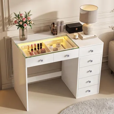 Image de VANITII Coiffeuse avec éclairage LED 8 Tiroirs Blanc 120 x 55 x 81 cm