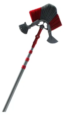 A cleaning tool with a telescopic handle and multiple brush heads, isolated on a white background.
