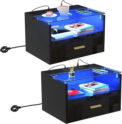 Image de Table de chevet suspendue avec prise électrique, meuble de chevet mural, table de nuit flottante avec éclairage LED, étagère murale avec tiroir pour salon ou chambre (noir, 42x30x24,5 cm)