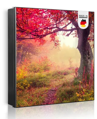 Produktbild von banjado Schlüsselkasten aus Metall, 30x30cm groß mit 32 Haken, als Magnettafel nutzbar, Korpus schwarz, Anschlag rechts, Lichtung Im Herbst [SKG1 11177]