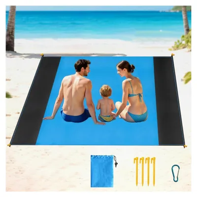 Produktbild von Überdimensionierte Stranddecke 210×200 cm, wasserdichte Strandmatte mit 4 Erdheringen, sandfreies Strandtuch für Strand, Wandern, Camping, Picknick, leicht und reißfest (Hellblau)