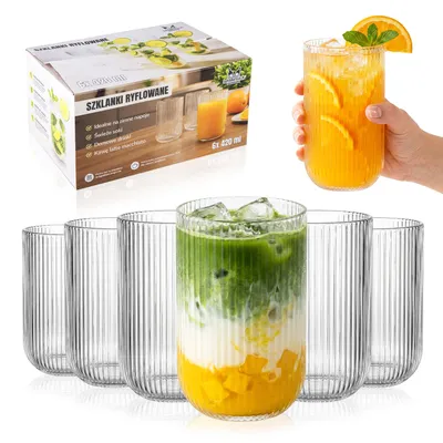 Zdjęcie produktu dla SUPERBUTELKI - 6 szt. Szklanki na zimne napoje, ryflowane 420 ml Zestaw, komplet szklanek do drinków, napojów, soku, wody, na napoje, drinki