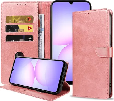 Produktbild von Geeignet für Samsung Galaxy A07 Handytasche Kunstleder mit magnetischer Lippe und Kartenhalter Buchhülle mit Klappe - Wallet Case mit Kartenfach - Pink Gold - Smartphonica