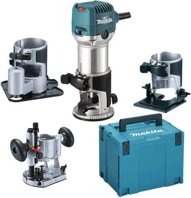 A collage of a Makita multifunctional router and its accessories, including different bases and a storage case.