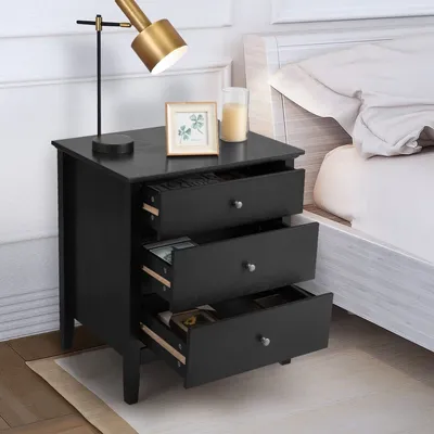 Produktbild von GOLPUS Nachtschrank mit 3 Schubladen & 3 Metallgriffen, Nachtkommode mit Retro-Design, Multifunktionaler Nachttisch