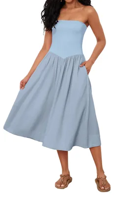 Produktbild von Livtany Schulterfreies Midi-Kleid, trägerlos, ärmellos, fallende Taille, A-Linie