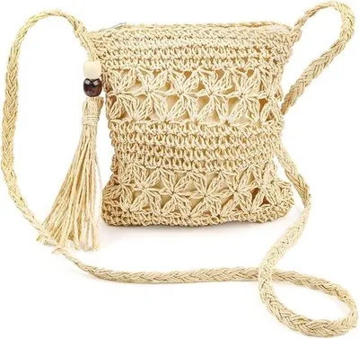 Image de Serviette de plage en paille pour femme - Sac de plage fait main avec pompon - Sac de plage bohème tissé à fermeture éclair, idéal pour les vacances et les voyages
