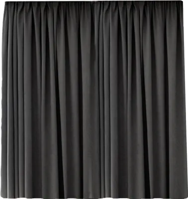 A dark gray curtain is shown hanging straight down, with visible pleats and folds.