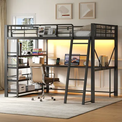 Productafbeelding van Metaal hoogslaper 140x200, bureau, opbergmand, opbergvakken, USB-poort, LED-verlichting (zwart)