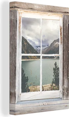 Produktbild von OneMillionCanvasses® - Leinwandbilder - 90x140 cm, Durchschaubar - Holz - Berge, - Geöffnetes Fenster - Fensterblick Schlafzimmer Kunstdruck Wanddekoration - Foto auf Leinwand - Gemälde auf Holzrahmen  - Wandschmucke - Schlafzimmer