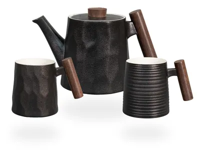 Produktbild von tea4chill Teeservice oder Kaffeeservice aus Porzellan schwarz mit Holzgriffen. Teekanne, Kaffeekanne 1,2 Liter. Teetassen, Kaffeetassen 400ml. Vintage