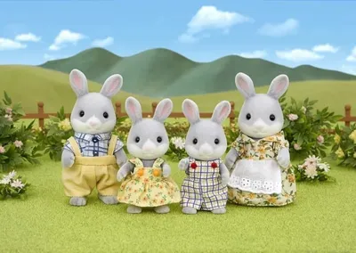 Produktbild von Sylvanian Families Spielfiguren-Set Waldkaninchen Familie Hoppel mit beweglichen Gliedmaßen und wechselbarer Kleidung, aus Kunststoff, Plüsch, Wildleder, Mehrfarben, Figuren 4-8 cm, Verpackung 20x5,5x17 cm (BxTxH), ab 3 Jahren, 4 Stück.