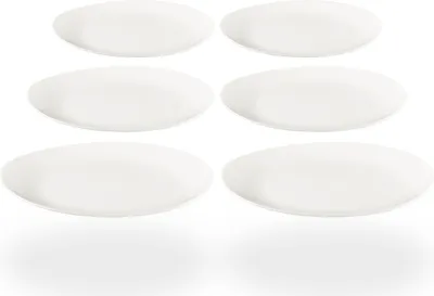 Six white plates arranged in two columns and three rows on a white background.