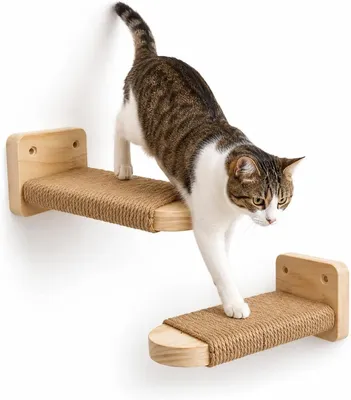 Immagine prodotto di Scala a muro per gatti, 2 pezzi, in legno massello con corda di iuta, portata massima 15 kg