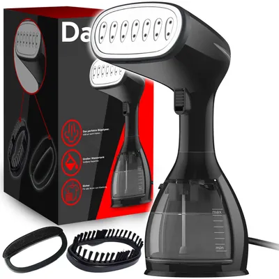 A product shot of a handheld garment steamer and its accessories, presented with packaging and marketing graphics.