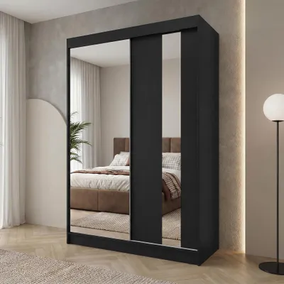 Produktbild von BEAUTYSOFA | Kleiderschrank GAJA 150 cm Schwarz, Schrank mit Spiegel – 2-türiger Schiebetürenschrank Schlafzimmerschrank