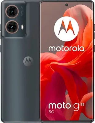 A Motorola Moto G 85 5G smartphone is shown with its screen displaying marketing graphics and text.
