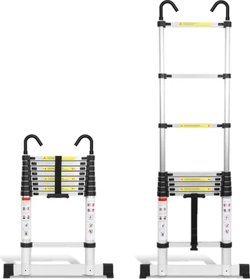 Image de Izrielar Aluminium Echelle télescopique 2,6M Argent, Echelle extensible avec stabilisateur et crochets amovibles, Echelle pliante, Echelle multi-usages, Echelle double, Echelle de ménage, Echelle extérieure, Capacité de charge 150 kg