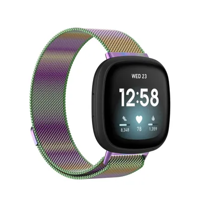 A smartwatch with a colorful metal band, displayed on a white background.