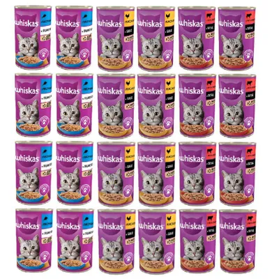 Zdjęcie produktu dla Whiskas mokra karma dla kotów w puszce mix smaków w sosie lub galaretce Tuńczyk, Kurczak, Wołowina 400g x 24