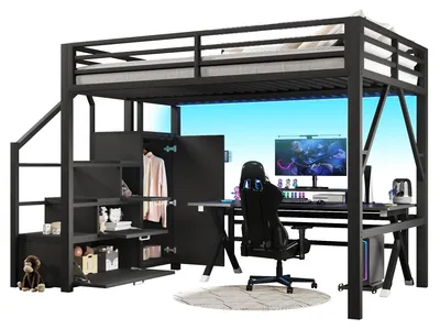 Produktbild von Hochbett mit LED-Streifen, Stauraum, Lattenrost, Stauraumtreppe, Rausfallschutz, Kleiderschrank und Schränken, 140x200 cm, Kinderbett, Metallbet