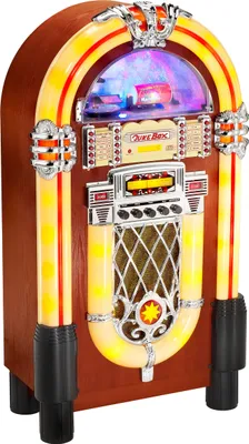 A retro-style jukebox with colorful lights and a display screen.