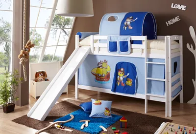 Produktbild von Etagenbett mit Rutsche "Lupo" Buche massiv Weiß Motiv (Pirat Hellblau-Dunkelblau)