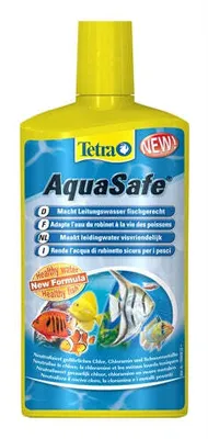A bottle of Tetra AquaSafe Plus water conditioner with images of fish on the label.