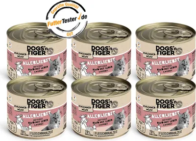 Produktbild von Dogs’n Tiger Adult Katzenfutter, Allerliebst, Nassfutter, Getreidefrei, Rind, Hühnerleber & Kürbis, 6x200g