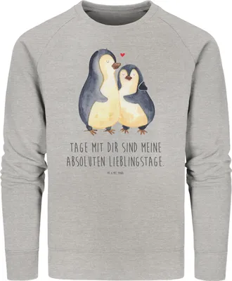 Produktbild von Mr. & Mrs. Panda Nachhaltiger Pullover Pinguin umarmen Größe L - Heather Grey - Geschenk, Liebe, Hochzeitstag, Baumwoll, Pulli, Umarmung, Sweater, Sweatshirt, Verlobung