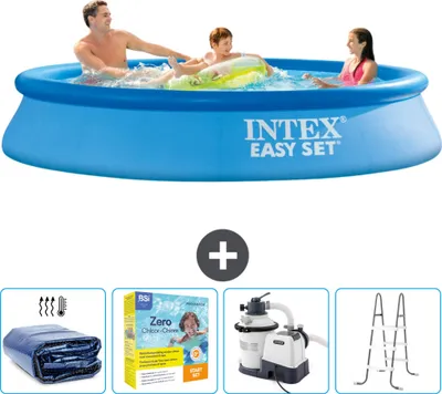 Produktbild von Intex runder aufblasbarer Easy Set-Pool – 305 x 61 cm – Blau – im Lieferumfang enthalten Sonnensegel - Wartungspaket - Filterpumpe für Schwimmbad - Leiter