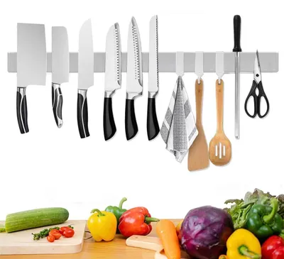 Productafbeelding van 60 cm magnetische messenhouder met 3 haken, roestvrij staal, zelfklevend