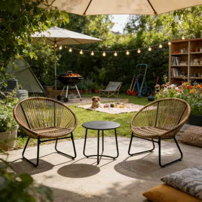Produktbild von Happy Home 3 tlg Garten Set Rattan Braun Balkon Terrasse Sitzgruppe wetterfest Outdoor Möbel