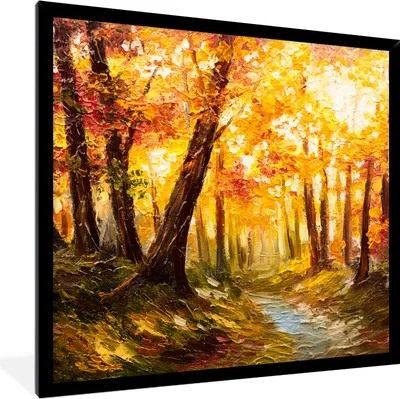 Produktbild von MuchoWow® Gerahmtes Poster Gemälde - Herbst - Wald - Ölgemälde 40x40 cm - Poster mit Schwarzem Bilderrahmen Wandposter Rahmen Foto Bilder - Mit Rahmen - Wanddekoration Schlafzimmer
