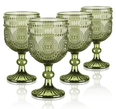 Immagine prodotto di Omgoods - Bicchieri da vino da 350 ml - Vetro vintage - Stelo robusto - Set da 4 - Adatti alla lavastoviglie - Elegante motivo a rilievo con girasoli - Bicchieri da vino