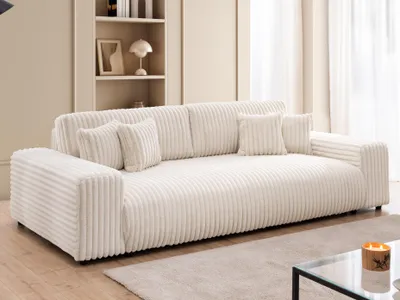 Produktbild von Mollis -  Sofa mit Schlaffunktion und Bettkasten aus Hellbeige Plüschcord mit schöner Sitzkomfort