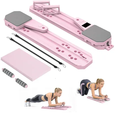 Produktbild von Tragbares Pilates-Board - Klappbar und verstellbar - Bauch- und Taillentraining - Liegestützgriffe - Gleichgewichtstraining - Pink