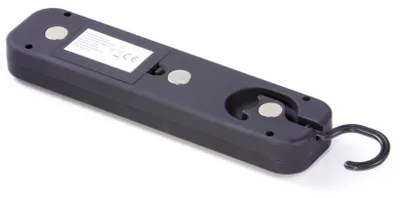 The back of a black LED work light with a hook is shown against a white background.