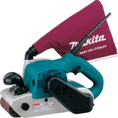 A Makita 9403J Bandschleifer is shown against a white background. It has a teal body, a gray base, a black handle, and a red dust bag attached.