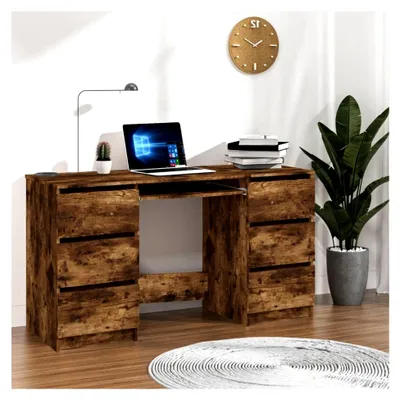 Produktbild von Schreibtisch in Räuchereiche 140x50x77 cm aus Holzwerkstoff, Sekretär und Computertisch, platzsparendes Design für das Homeoffice