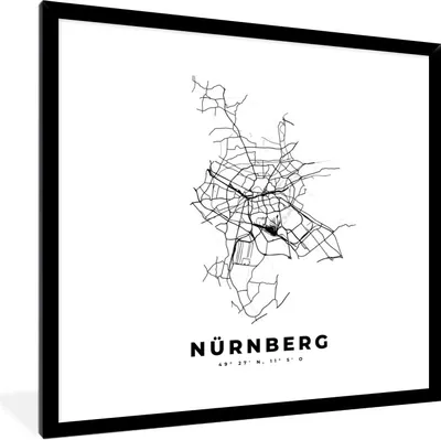 Produktbild von MuchoWow® Gerahmtes Poster Stadtplan - Deutschland - Schwarz und weiß - Nürnberg - Karte 40x40 cm - Poster mit Schwarzem Bilderrahmen Wandposter Rahmen Foto Bilder - Mit Rahmen - Wanddekoration Schlafzimmer