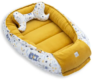 Produktbild von Premium BABYNEST + Kissen GELB Samt Velour/ WALD TIERE Baumwolle Nestchen Babyausstattung Geschenk Geborgenheit Komfort für Neugeborene