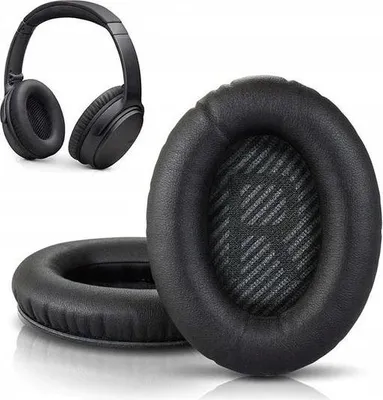 A pair of black headphone ear pads are shown in the foreground, with a pair of black headphones in the background.
