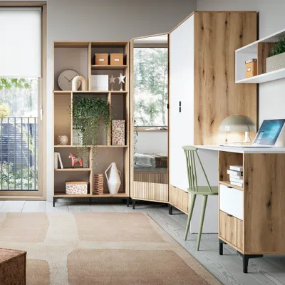 Produktbild von Jugendzimmer Set RISBY-129 mit Eckkleiderschrank und Schreibtisch in Eiche mit weiß und Rillen Design