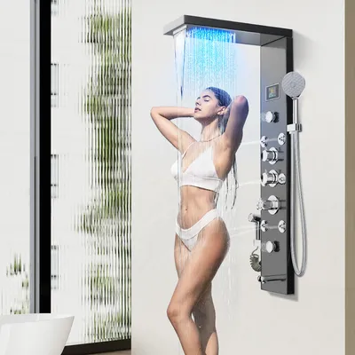 Produktbild von 7Magic Duschpaneel Regendusche Edelstahl Schwarz mit LED-Lichter, 6 Funktionen Duschsystem mit Handbrause, Massagedusche und Wasserfall Dusche