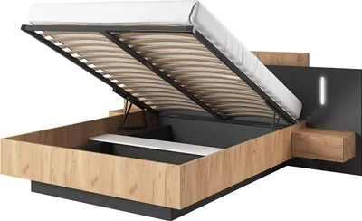 Produktbild von Bett mit Kommode und Nachttischen 160 x 200 cm - 2 Schubladen - Mit LED-Beleuchtung - Farben: Natur und Anthrazit - FRANCOLI