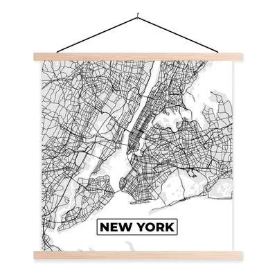 Produktbild von MuchoWow® Textilposter New York - Stadtplan - Schwarz und weiß - Karte 60x60 cm mit holzfarbenen Rahmen - Wanddekoration