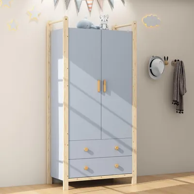 Immagine prodotto di Armadio per bambini Merax con 2 ante, 2 cassetti, asta appendiabiti, spazio per la camera dei bambini, armadio in stile country, 90×45×180 cm, naturale/blu